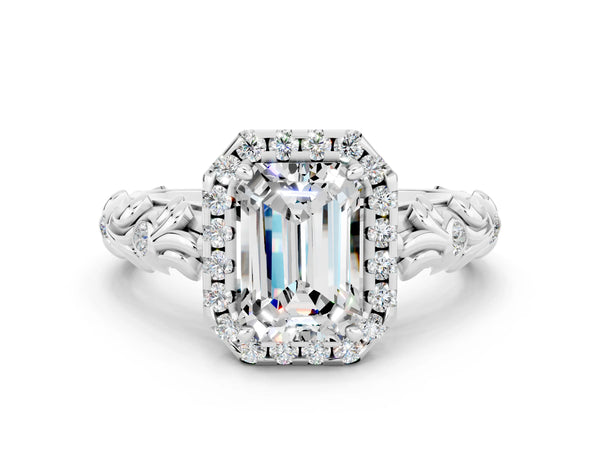 Platinum Emerald Cut Moissanite Halo Ring with Filigree Band and Prong Setting