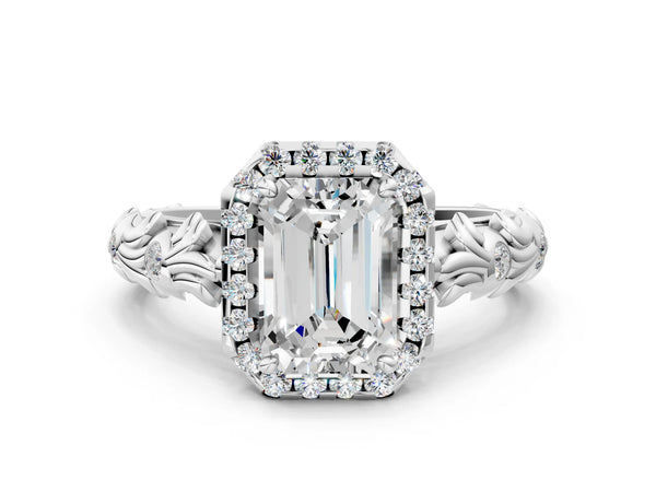 White gold Emerald Cut Halo Diamond Solitaire with Filigree Band and Four-Prong Setting