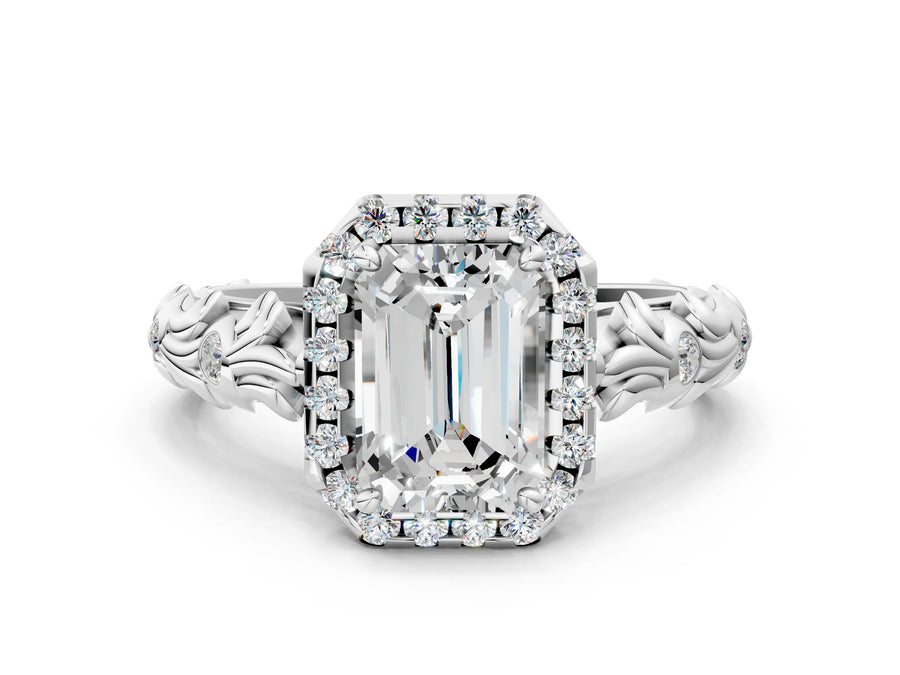 White gold Emerald Cut Halo Diamond Solitaire with Filigree Band and Four-Prong Setting