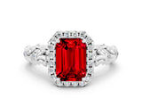 White gold Emerald Cut Halo Diamond Solitaire with Filigree Band and Four-Prong Setting