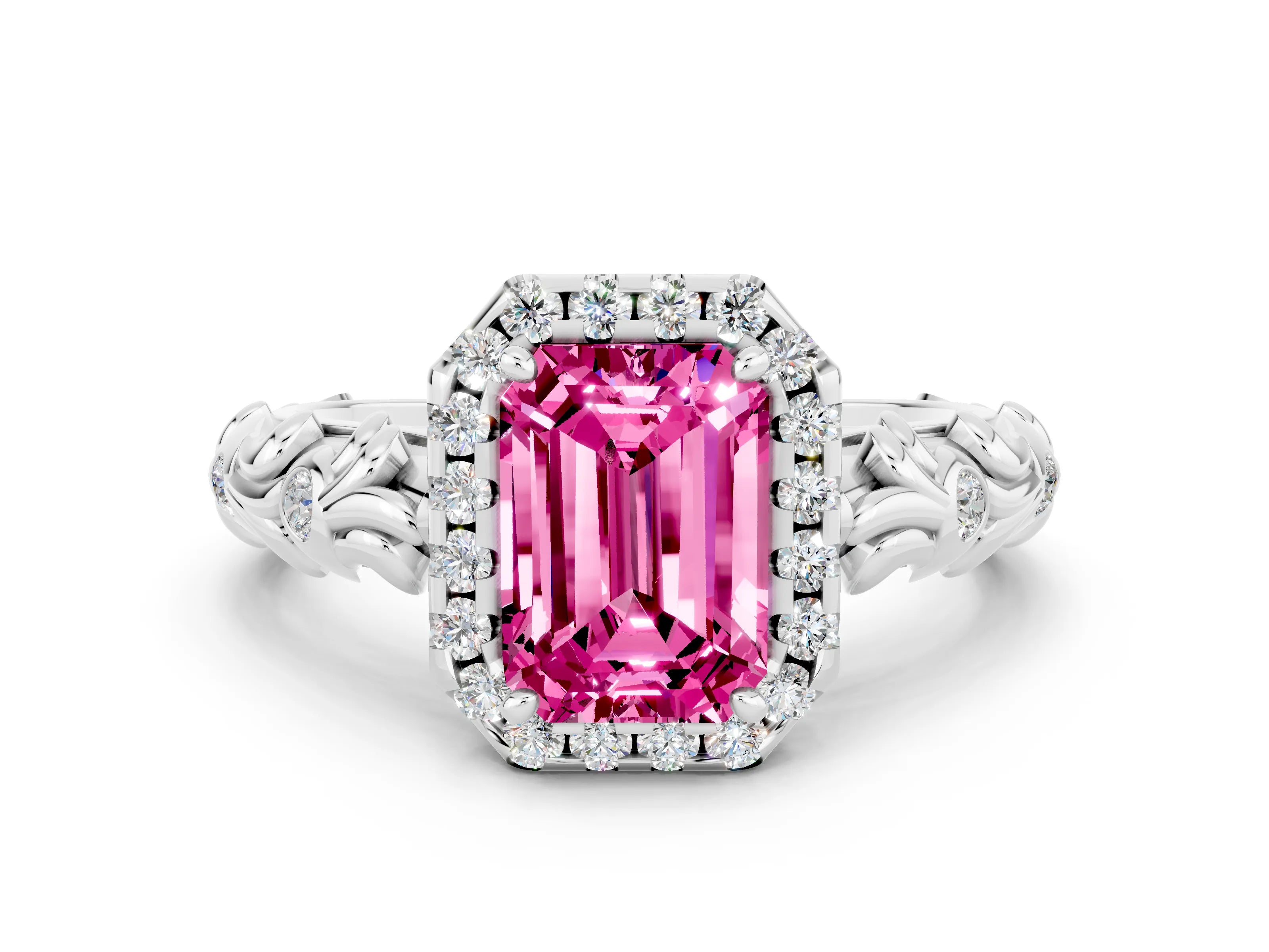 White gold Emerald Cut Halo Diamond Solitaire with Filigree Band and Four-Prong Setting