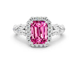 White gold Emerald Cut Halo Diamond Solitaire with Filigree Band and Four-Prong Setting