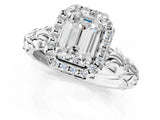 White gold Emerald Cut Halo Diamond Solitaire with Filigree Band and Four-Prong Setting_8