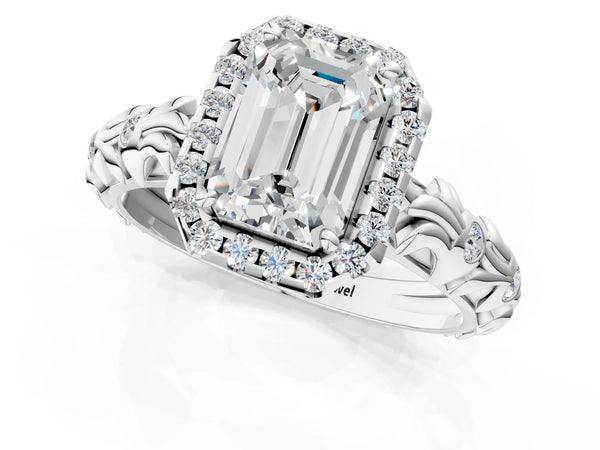 White gold Emerald Cut Halo Diamond Solitaire with Filigree Band and Four-Prong Setting