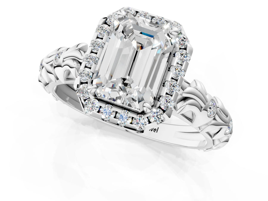 White gold Emerald Cut Halo Diamond Solitaire with Filigree Band and Four-Prong Setting