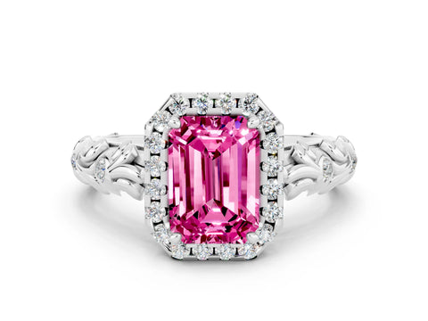 White gold Emerald Cut Halo Diamond Solitaire with Filigree Band and Four-Prong Setting