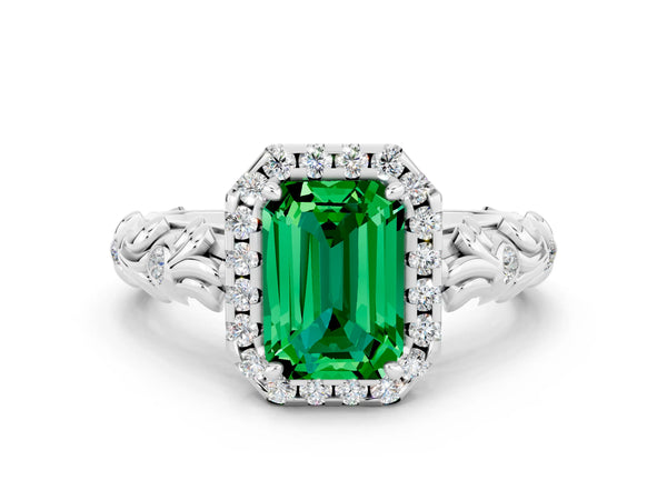 White gold Emerald Cut Emerald Halo Ring with Filigree Band and Prong Setting