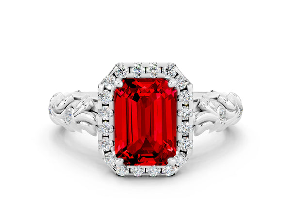 Silver Emerald Cut Ruby Halo Ring with Filigree Band and Prong Setting