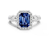 White gold Emerald Cut Halo Diamond Solitaire with Filigree Band and Four-Prong Setting