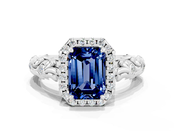 Platinum Emerald Cut Blue Sapphire Halo Ring with Filigree Band and Prong Setting