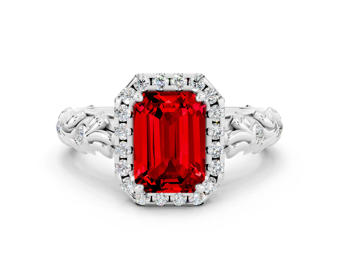 White gold Emerald Cut Halo Diamond Solitaire with Filigree Band and Four-Prong Setting