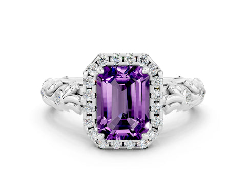 White gold Emerald Cut Halo Diamond Solitaire with Filigree Band and Four-Prong Setting