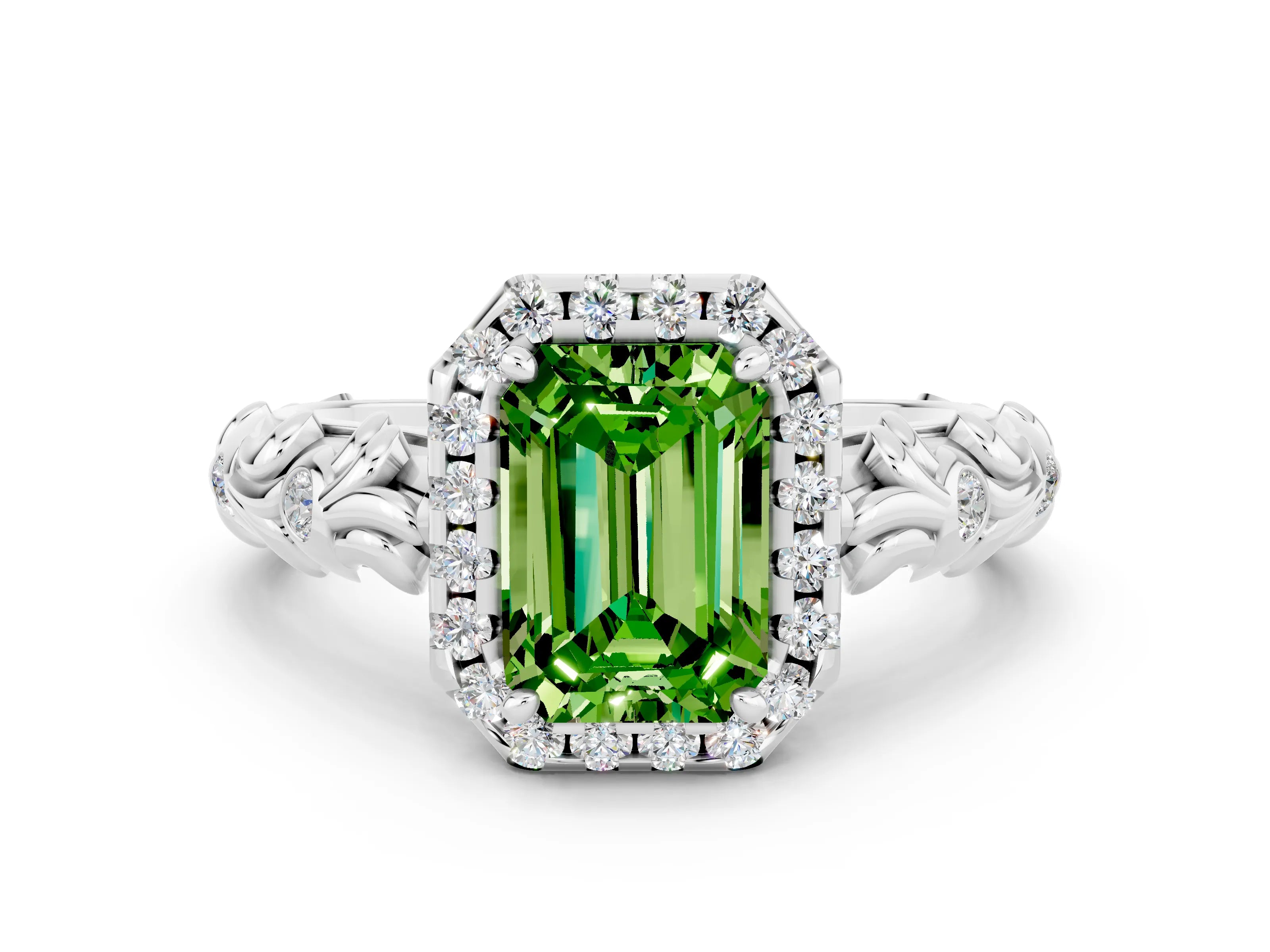 White gold Emerald Cut Halo Diamond Solitaire with Filigree Band and Four-Prong Setting