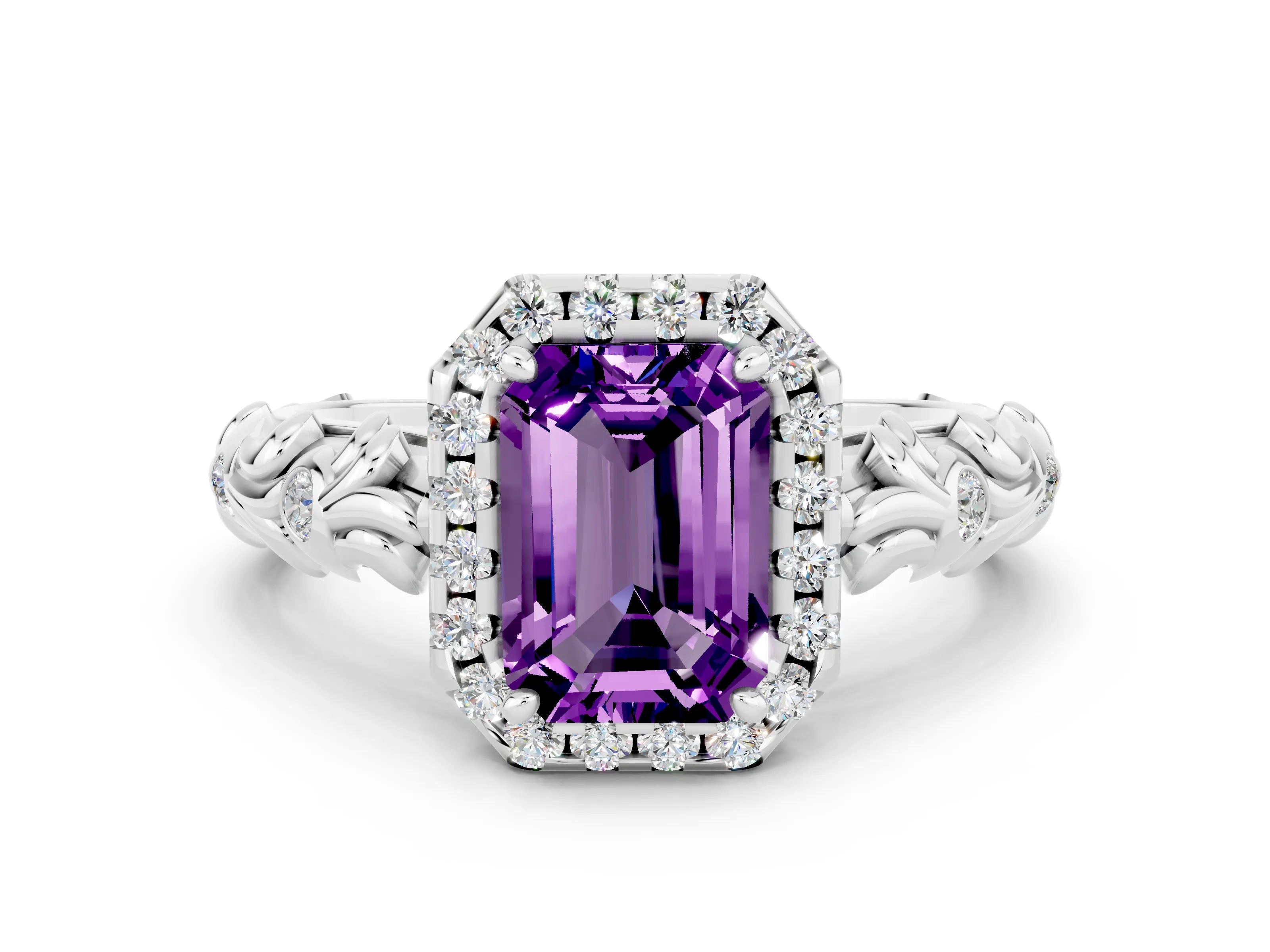 White gold Emerald Cut Halo Diamond Solitaire with Filigree Band and Four-Prong Setting