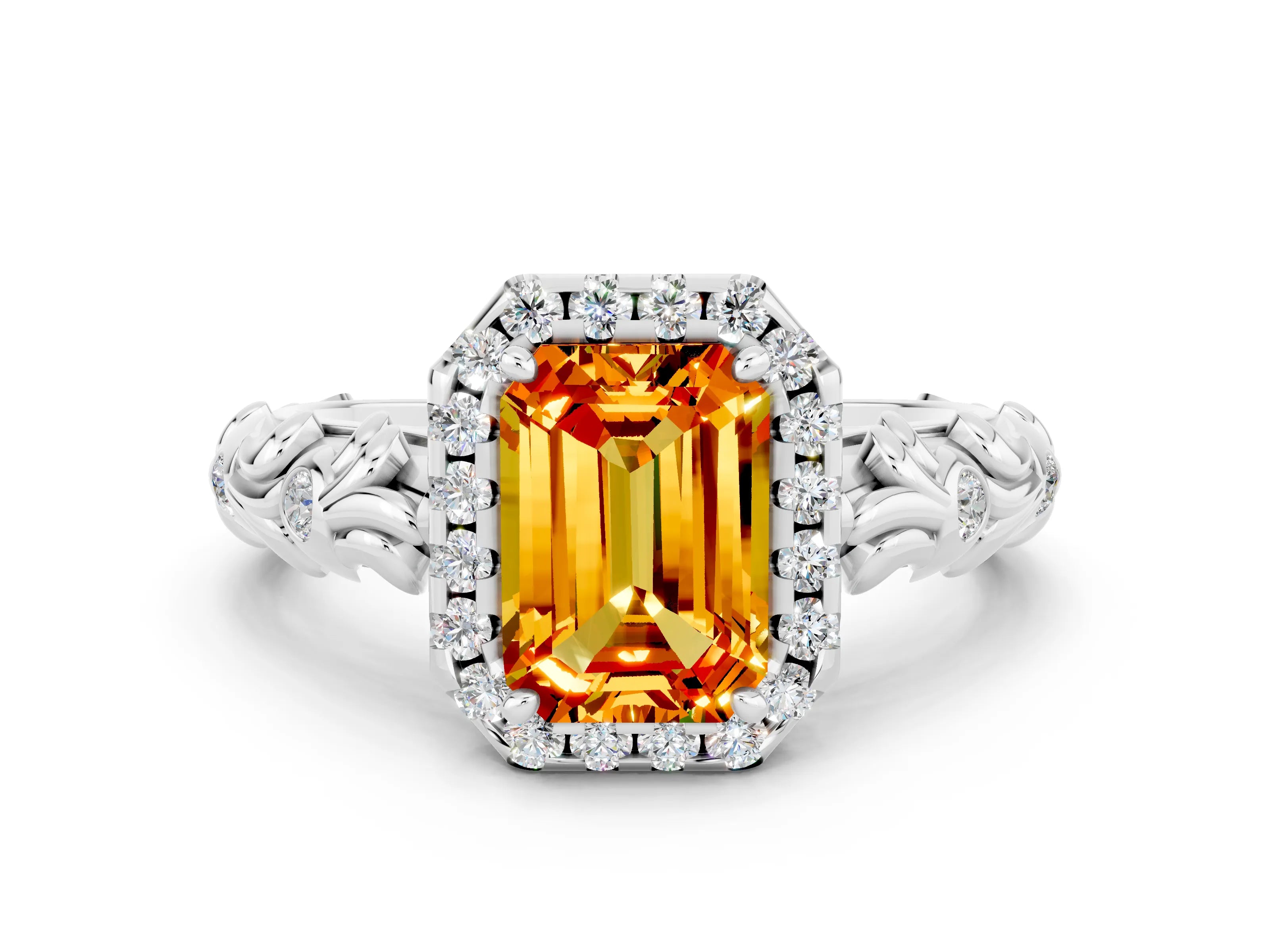 White gold Emerald Cut Halo Diamond Solitaire with Filigree Band and Four-Prong Setting