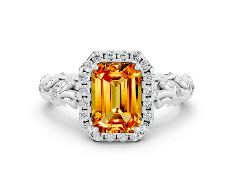 White gold Emerald Cut Halo Diamond Solitaire with Filigree Band and Four-Prong Setting