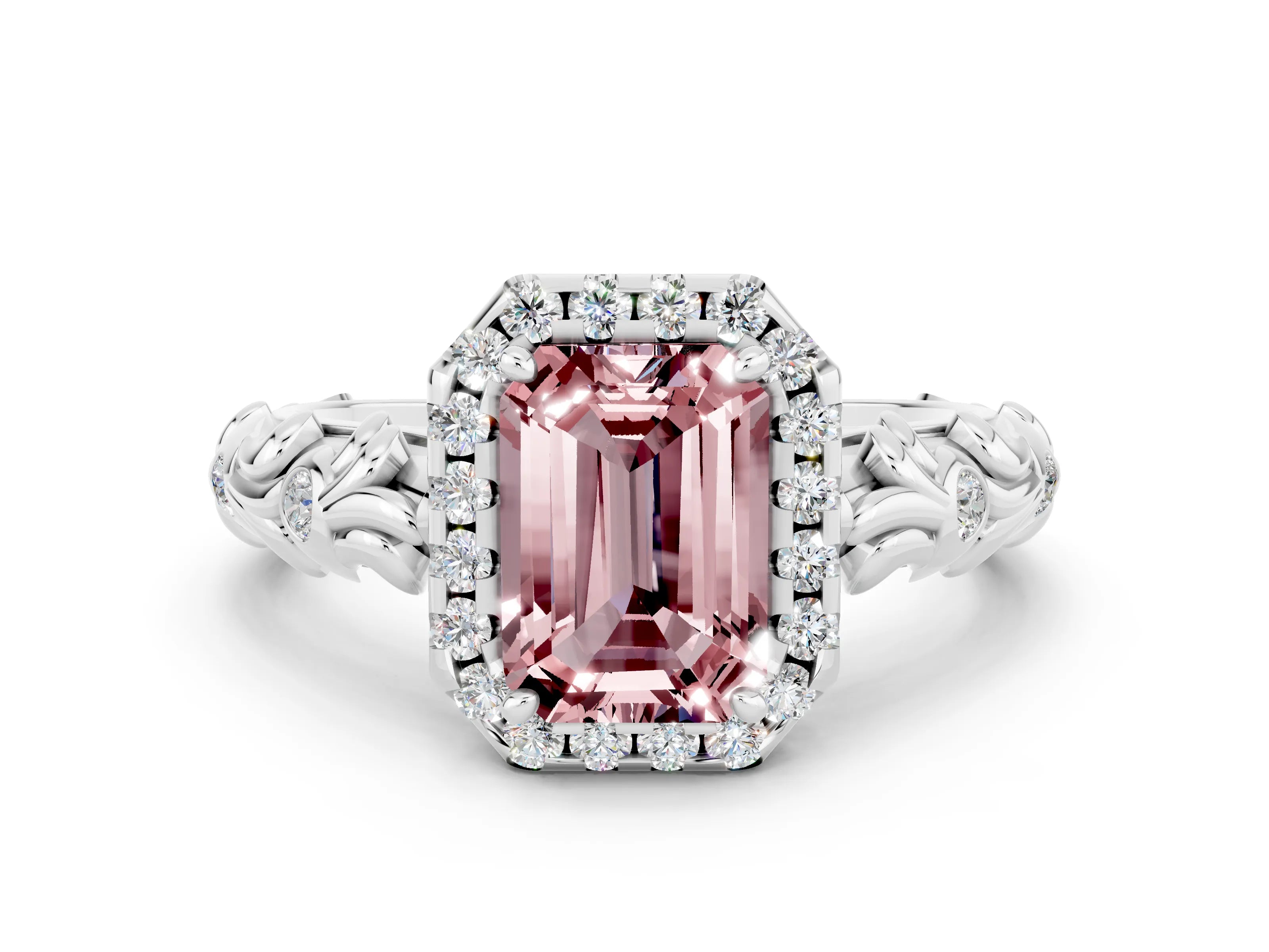 White gold Emerald Cut Halo Diamond Solitaire with Filigree Band and Four-Prong Setting