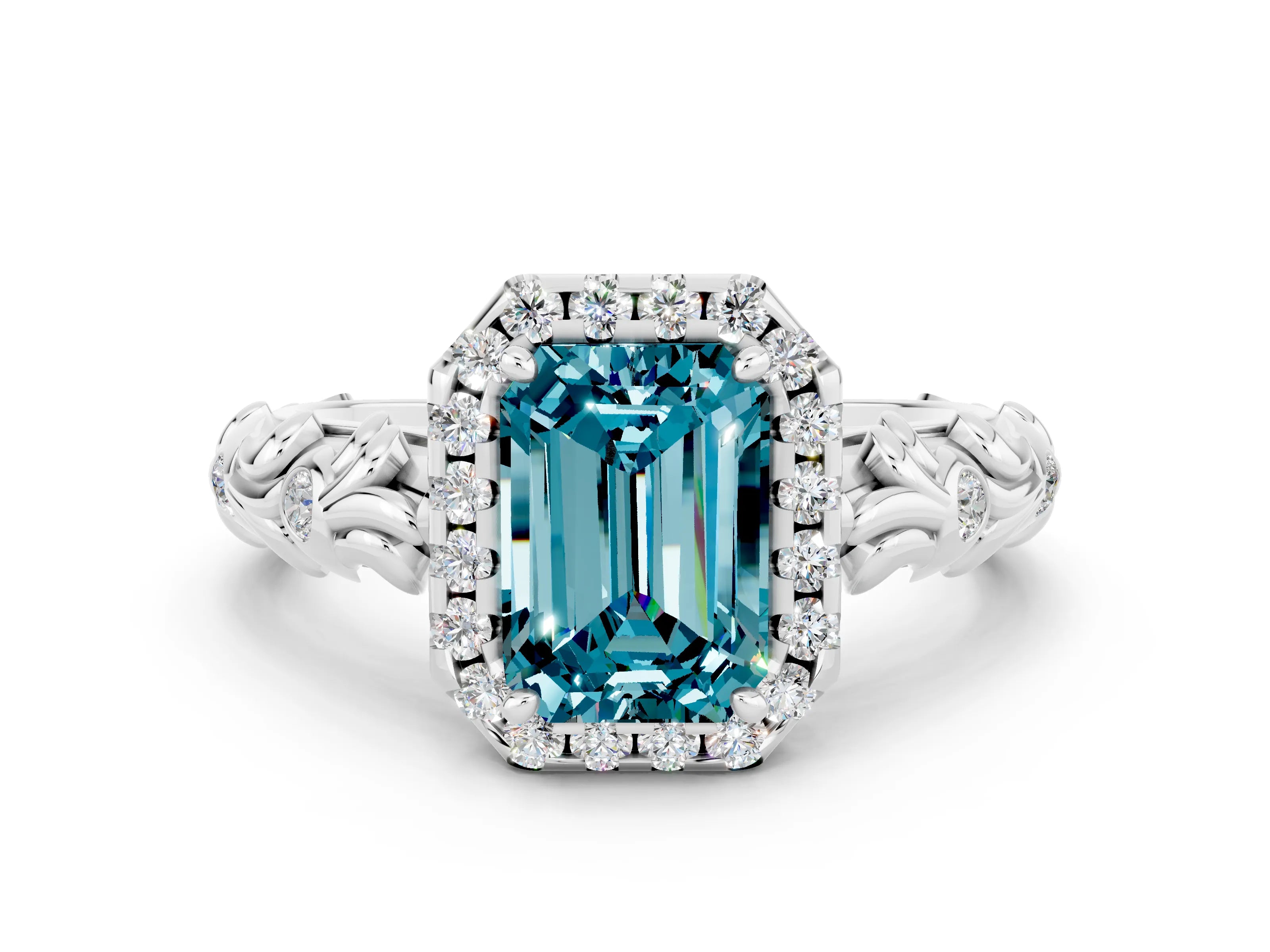 White gold Emerald Cut Halo Diamond Solitaire with Filigree Band and Four-Prong Setting