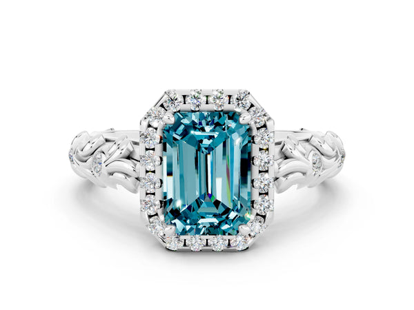 Platinum Emerald Cut Halo Diamond Solitaire with Filigree Band and Four-Prong Setting