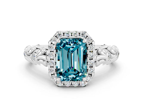 White gold Emerald Cut Halo Diamond Solitaire with Filigree Band and Four-Prong Setting