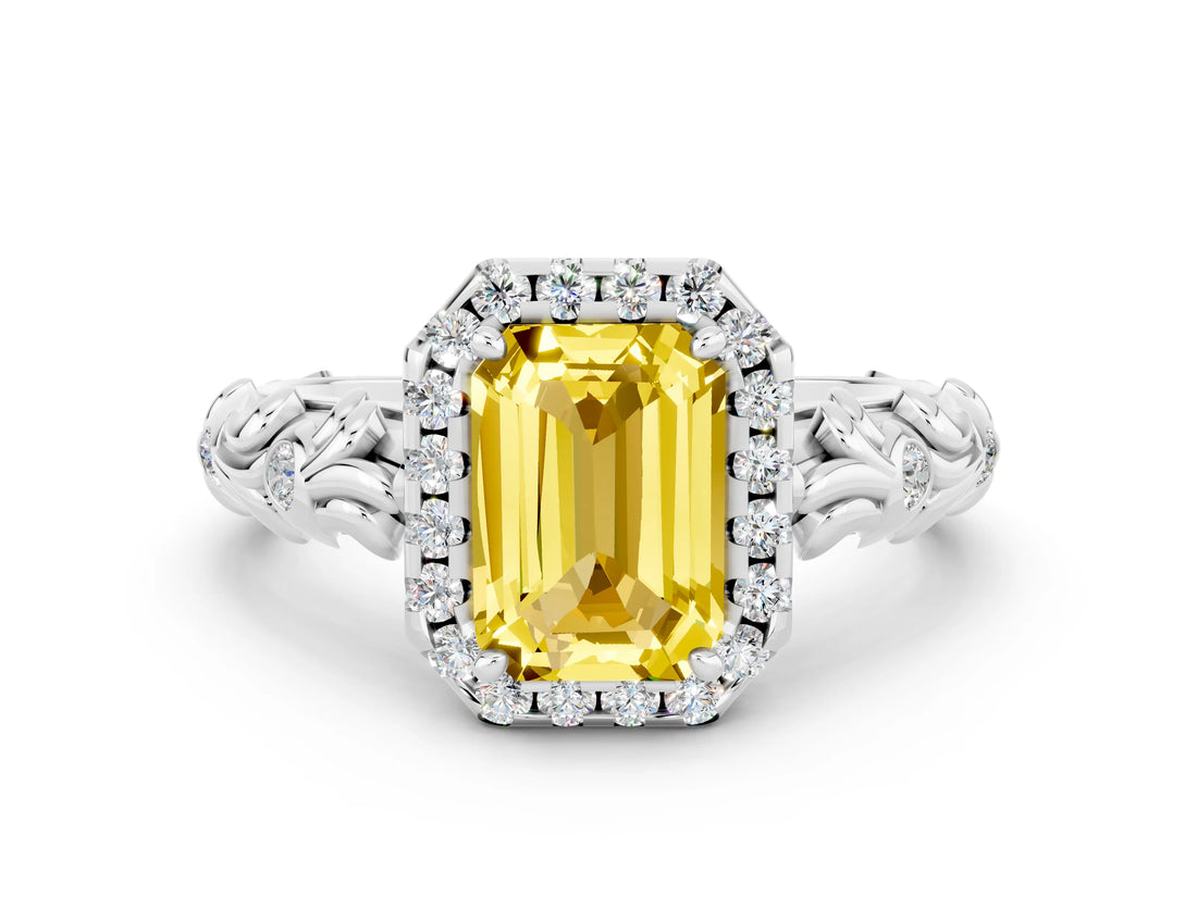 White gold Emerald Cut Halo Diamond Solitaire with Filigree Band and Four-Prong Setting