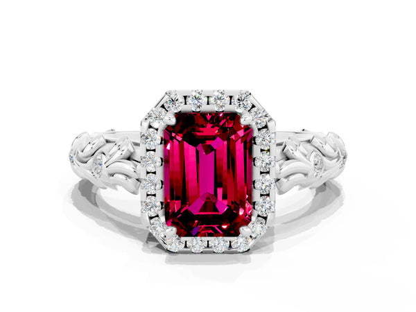 Platinum Emerald Cut Garnet Halo Ring with Filigree Band and Prong Setting