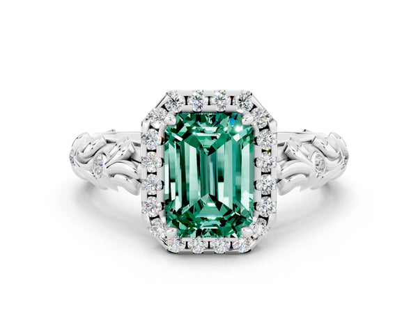 White gold Emerald Cut Green Sapphire Halo Ring with Filigree Band and Prong Setting