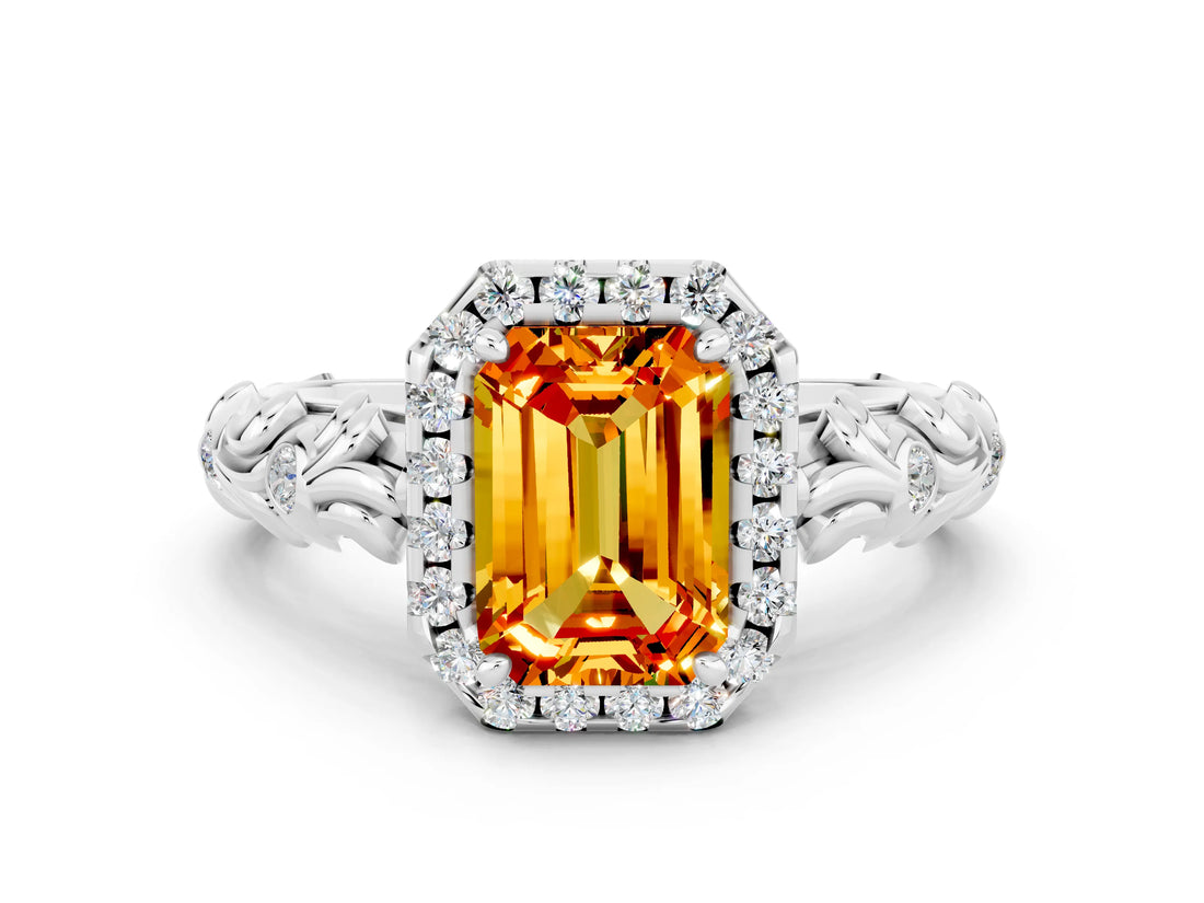 White gold Emerald Cut Halo Diamond Solitaire with Filigree Band and Four-Prong Setting
