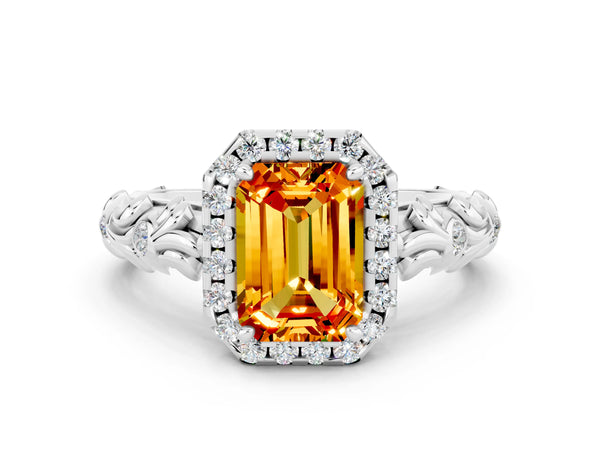 White gold Emerald Cut Citrine Halo Ring with Filigree Band and Prong Setting