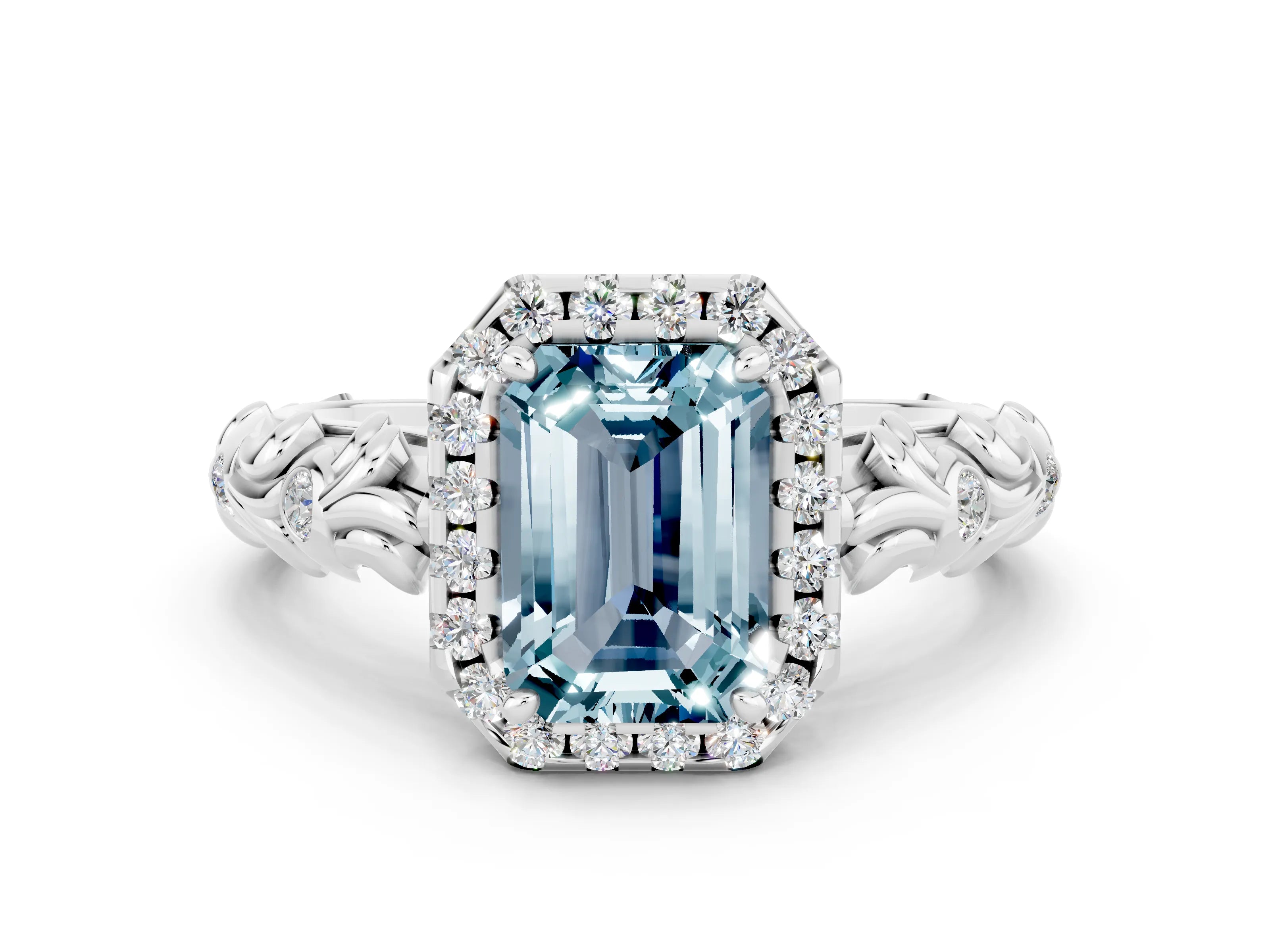 White gold Emerald Cut Halo Diamond Solitaire with Filigree Band and Four-Prong Setting