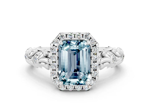 White gold Emerald Cut Halo Diamond Solitaire with Filigree Band and Four-Prong Setting