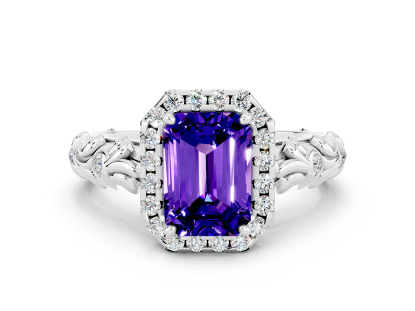 Platinum Emerald Cut Tanzanite Halo Ring with Filigree Band and Prong Setting