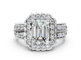White gold Emerald Cut Halo Diamond Split Shank Ring with Scalloped Prong Setting_61
