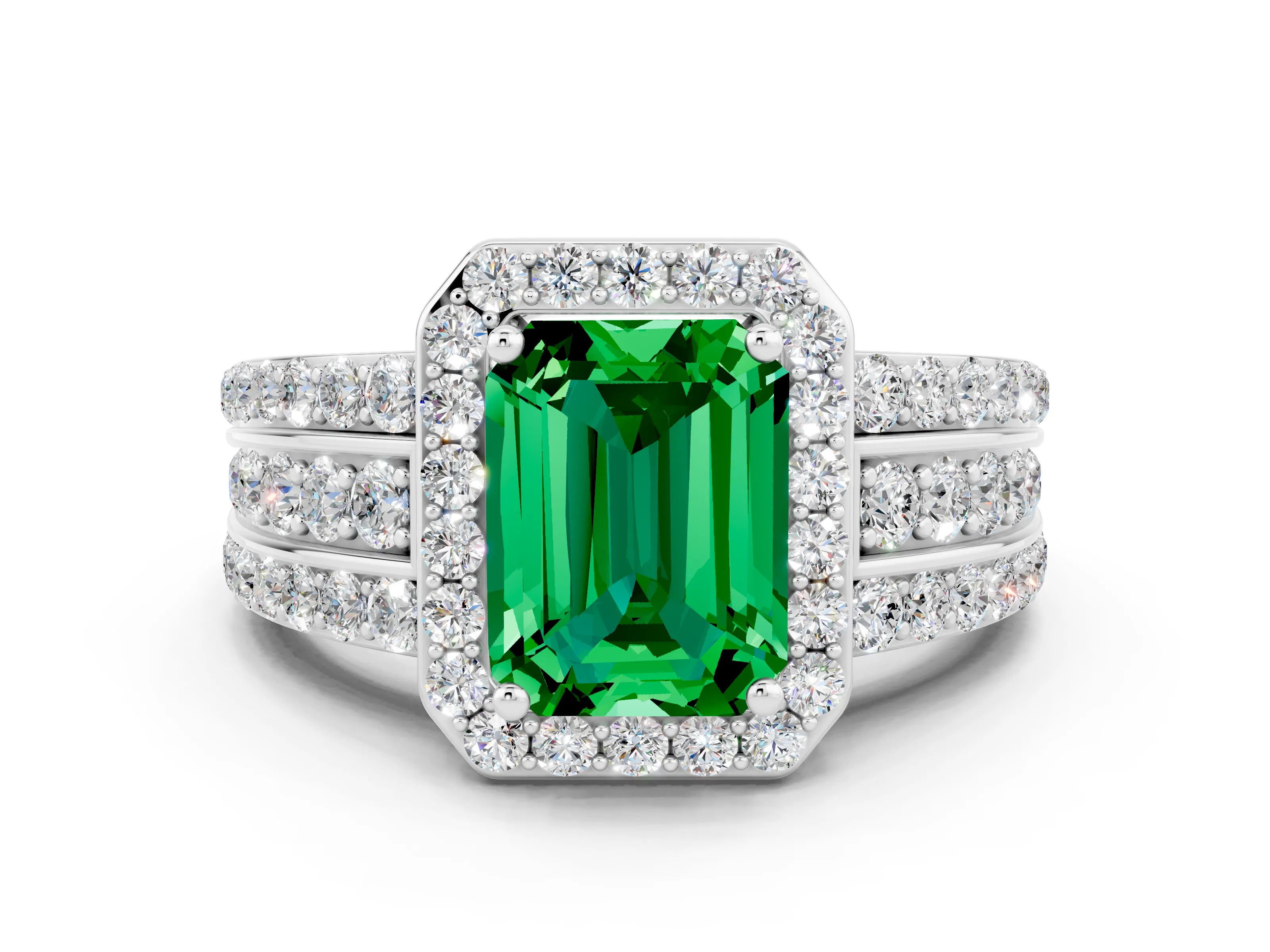 White gold Emerald Cut Halo Emerald Ring with Round  Split Shank and Prong Setting_12