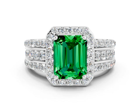 White gold Emerald Cut Halo Emerald Ring with Round  Split Shank and Prong Setting_12