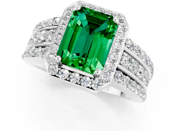 Platinum Emerald Cut Halo Emerald Ring with Round  Split Shank and Prong Setting