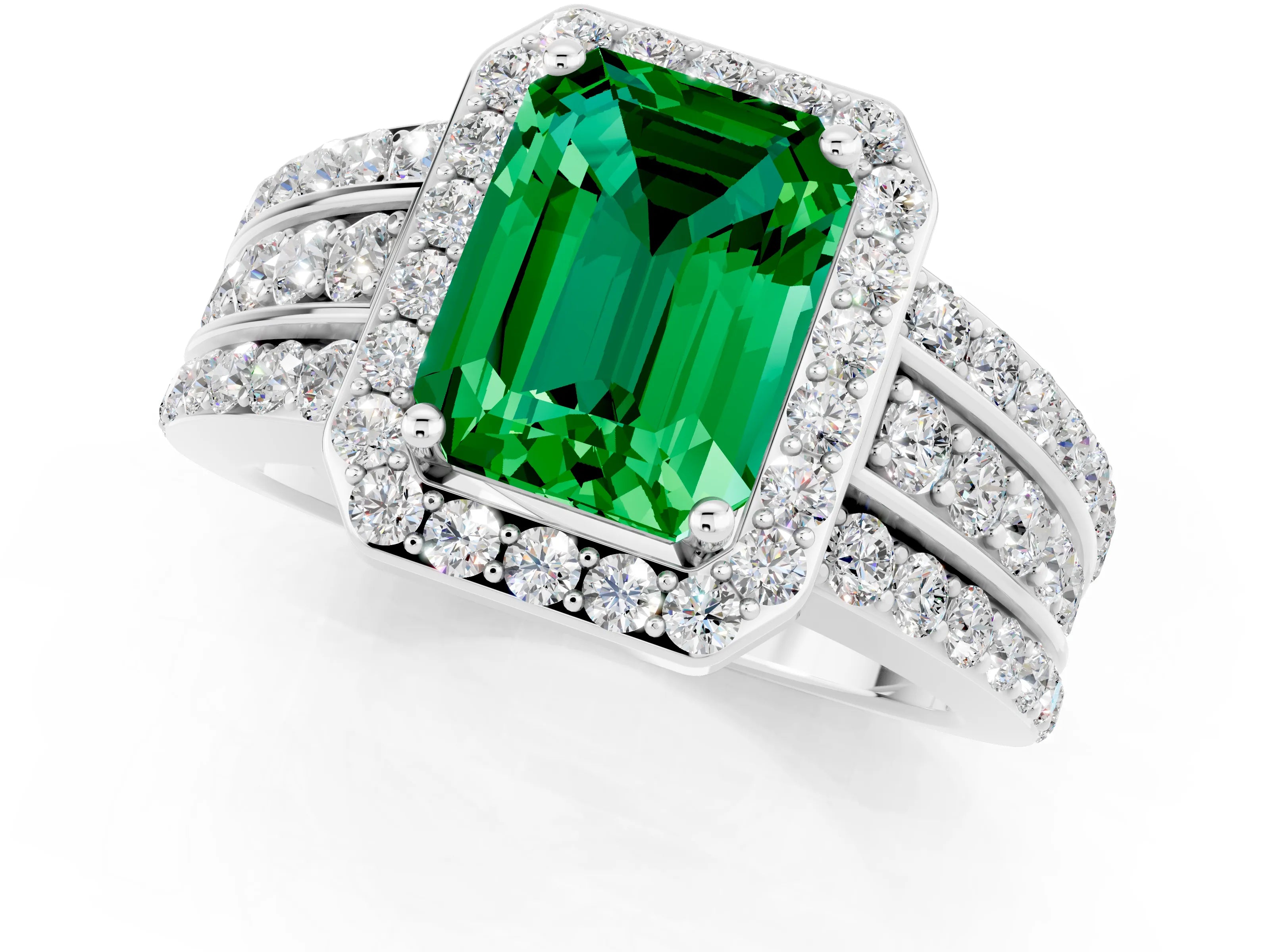 White gold Emerald Cut Halo Emerald Ring with Round  Split Shank and Prong Setting_13