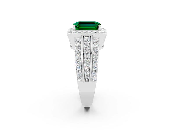 Platinum Emerald Cut Halo Emerald Ring with Round  Split Shank and Prong Setting