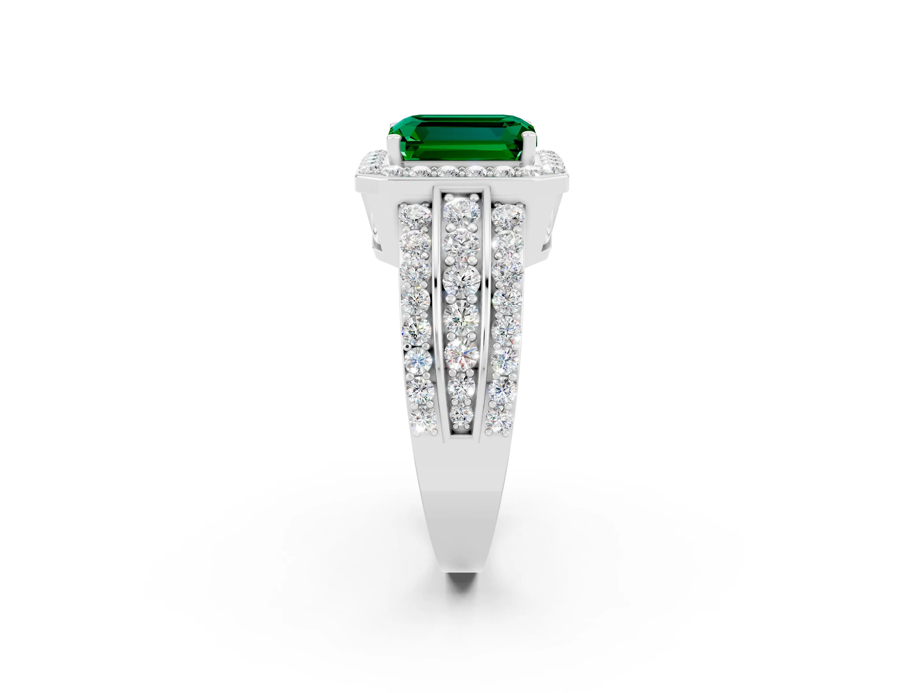 White gold Emerald Cut Halo Emerald Ring with Round  Split Shank and Prong Setting_14