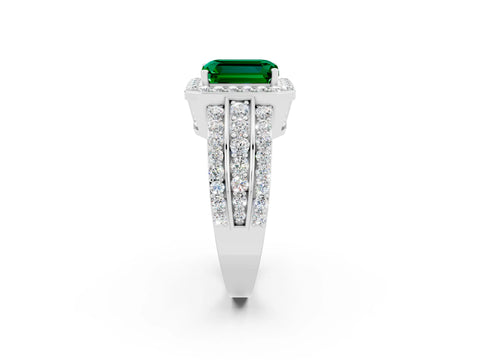 White gold Emerald Cut Halo Emerald Ring with Round  Split Shank and Prong Setting_14