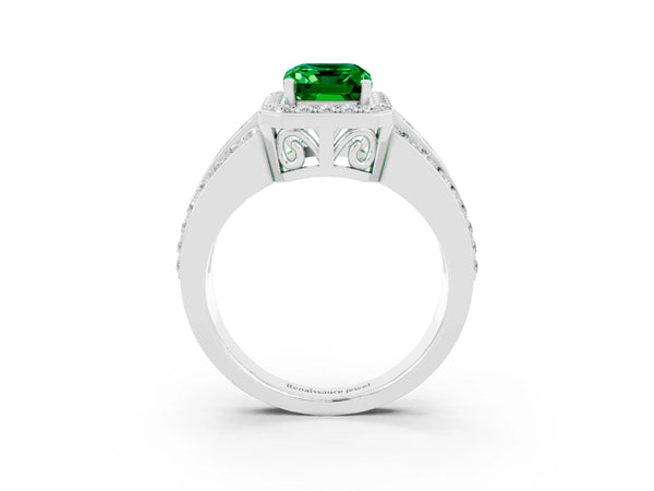 Platinum Emerald Cut Halo Emerald Ring with Round  Split Shank and Prong Setting