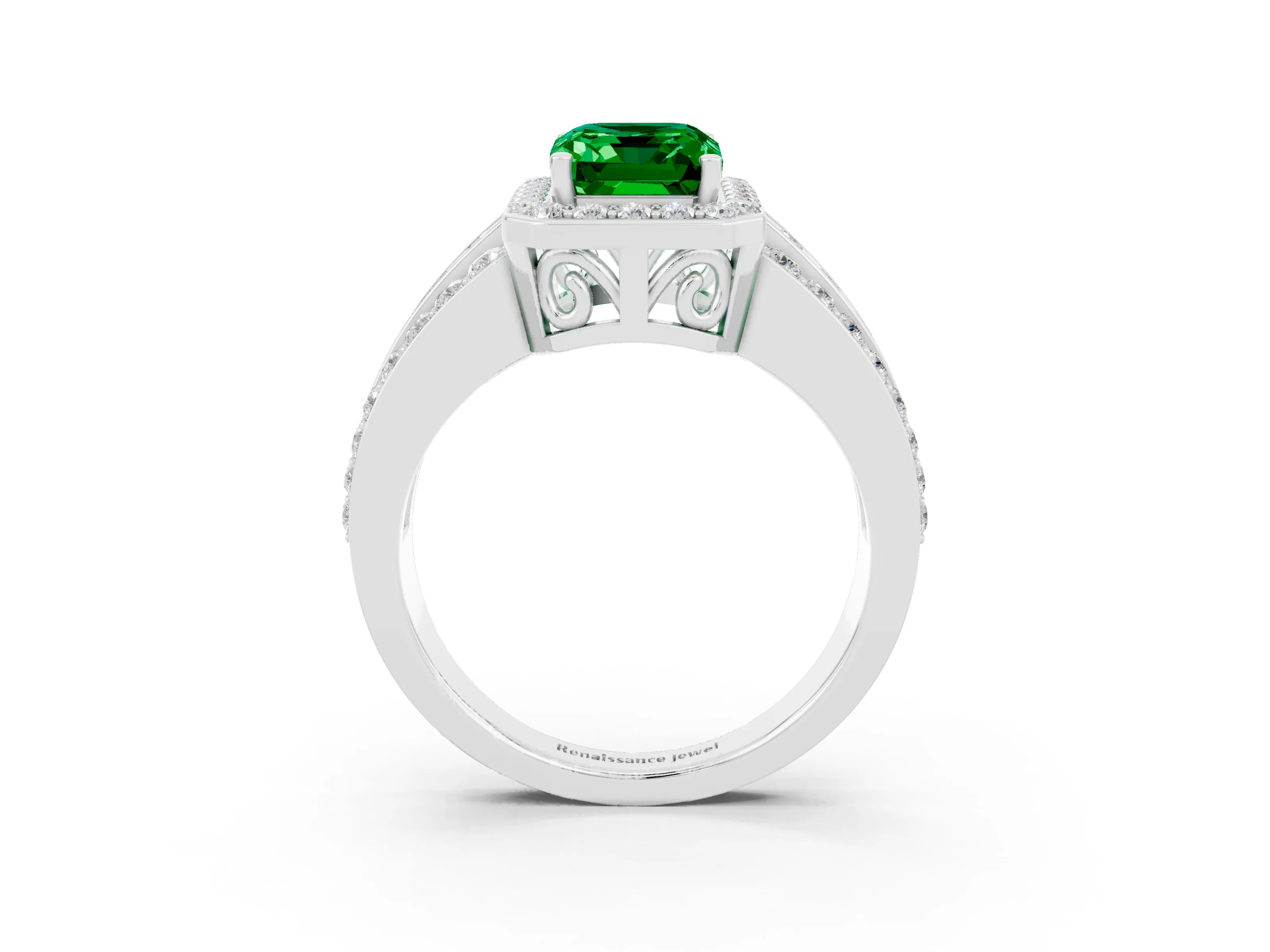 White gold Emerald Cut Halo Emerald Ring with Round  Split Shank and Prong Setting_15