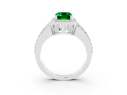White gold Emerald Cut Halo Emerald Ring with Round  Split Shank and Prong Setting_15