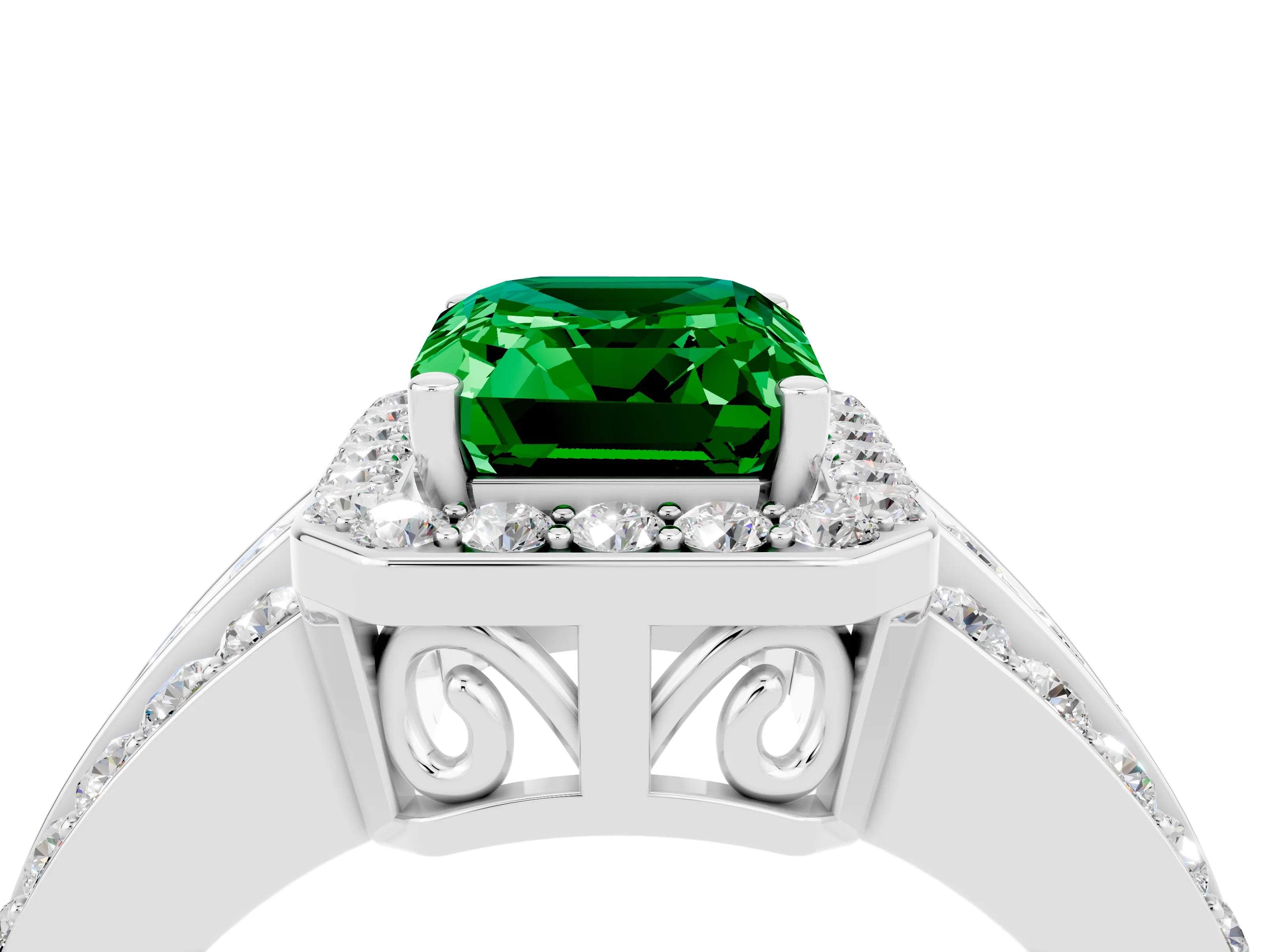 White gold Emerald Cut Halo Emerald Ring with Round  Split Shank and Prong Setting_16