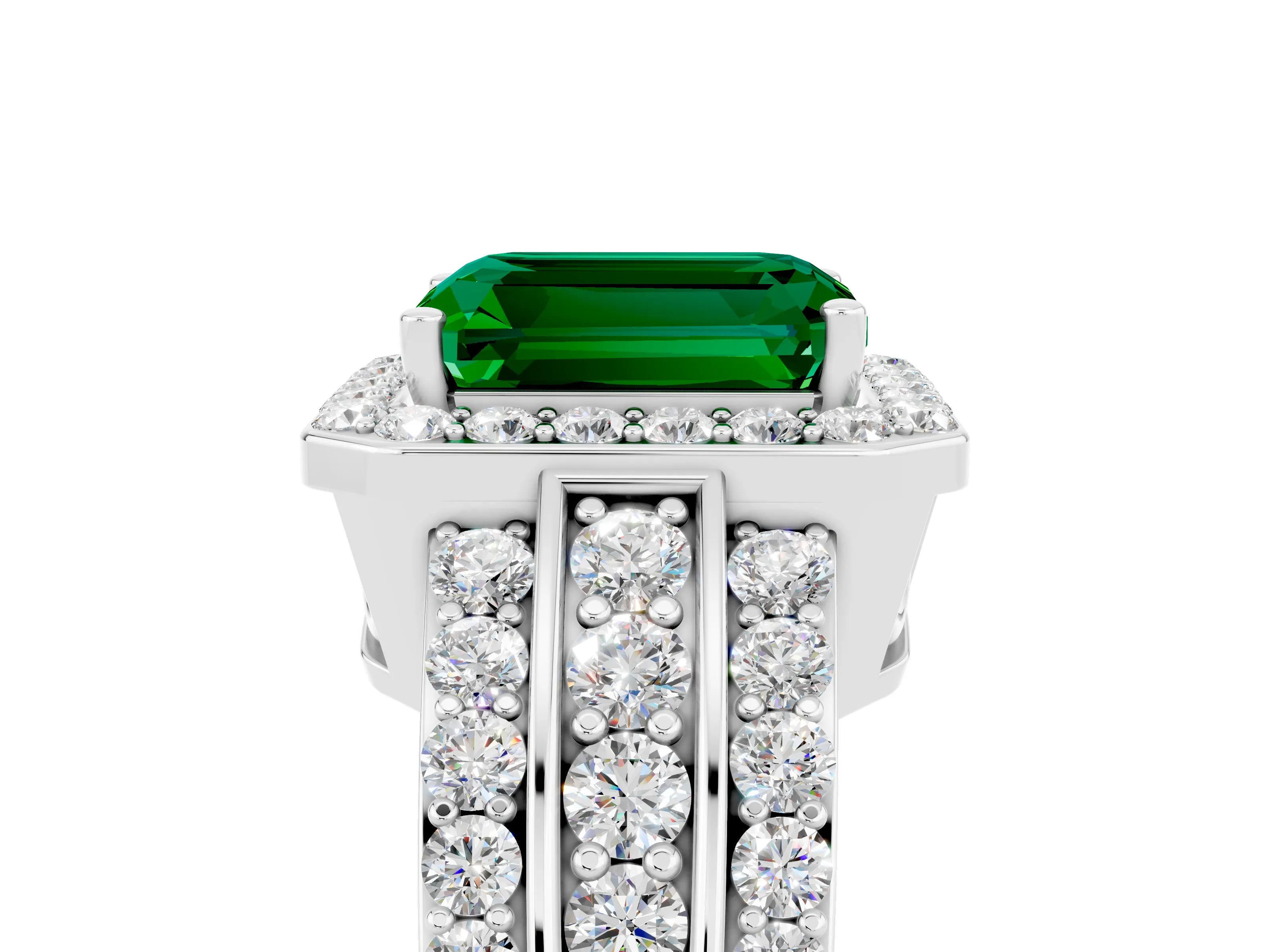 White gold Emerald Cut Halo Emerald Ring with Round  Split Shank and Prong Setting_17