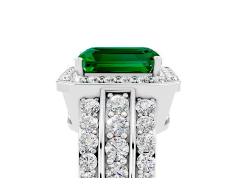 White gold Emerald Cut Halo Emerald Ring with Round  Split Shank and Prong Setting_17