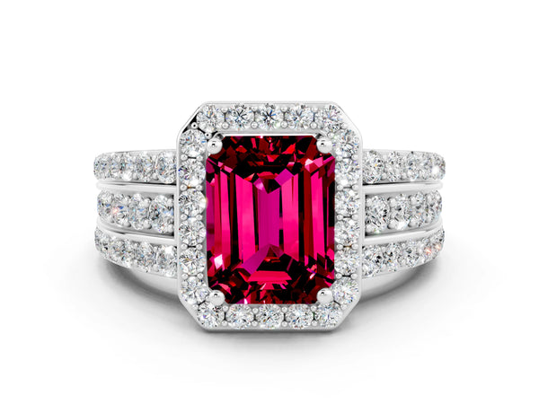 White gold Emerald Cut Halo Garnet Ring with Round  Split Shank and Prong Setting
