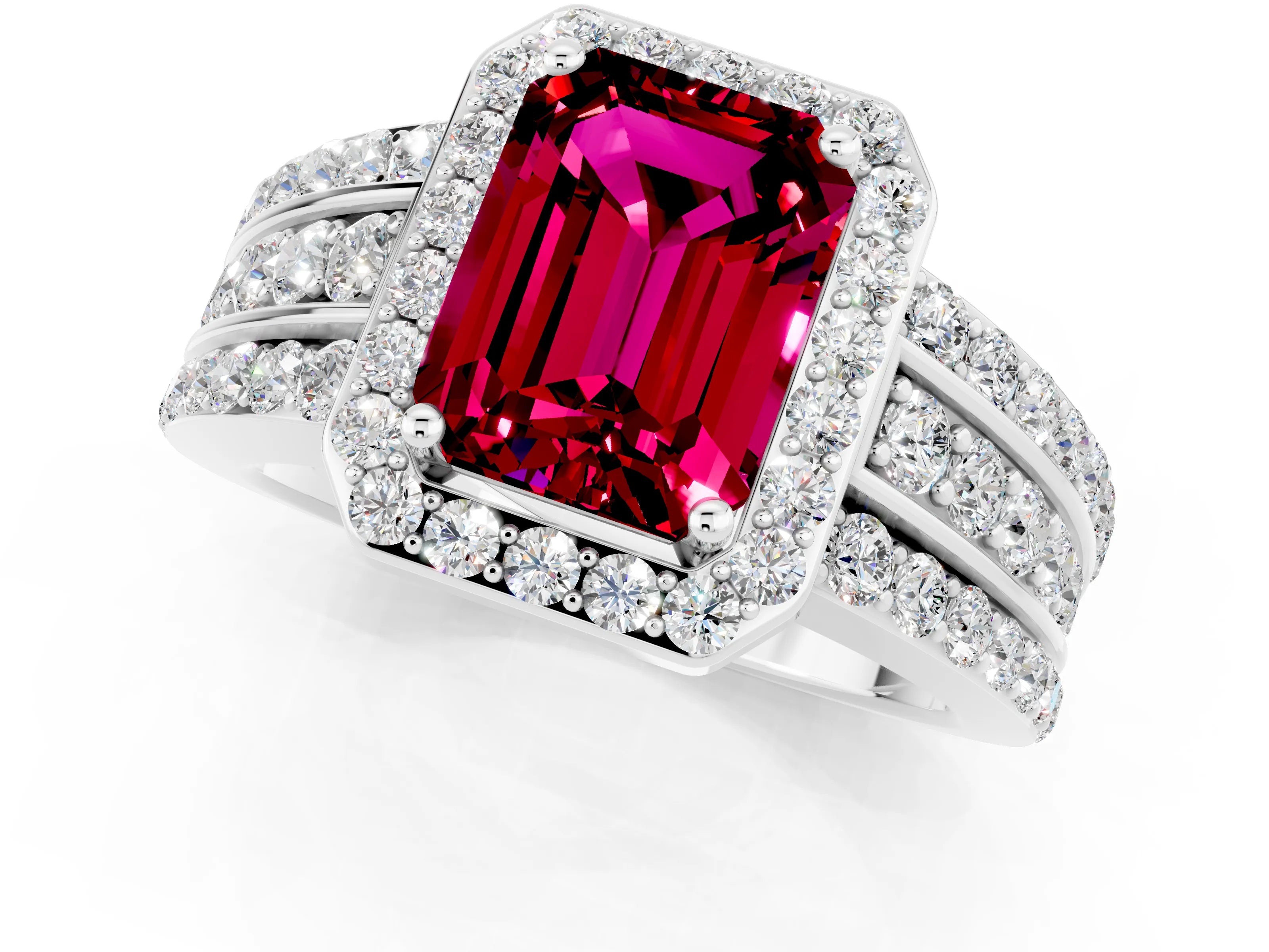 White gold Emerald Cut Halo Garnet Ring with Round  Split Shank and Prong Setting_13