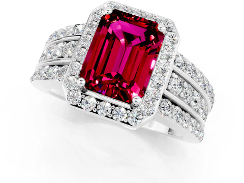 White gold Emerald Cut Halo Garnet Ring with Round  Split Shank and Prong Setting_13