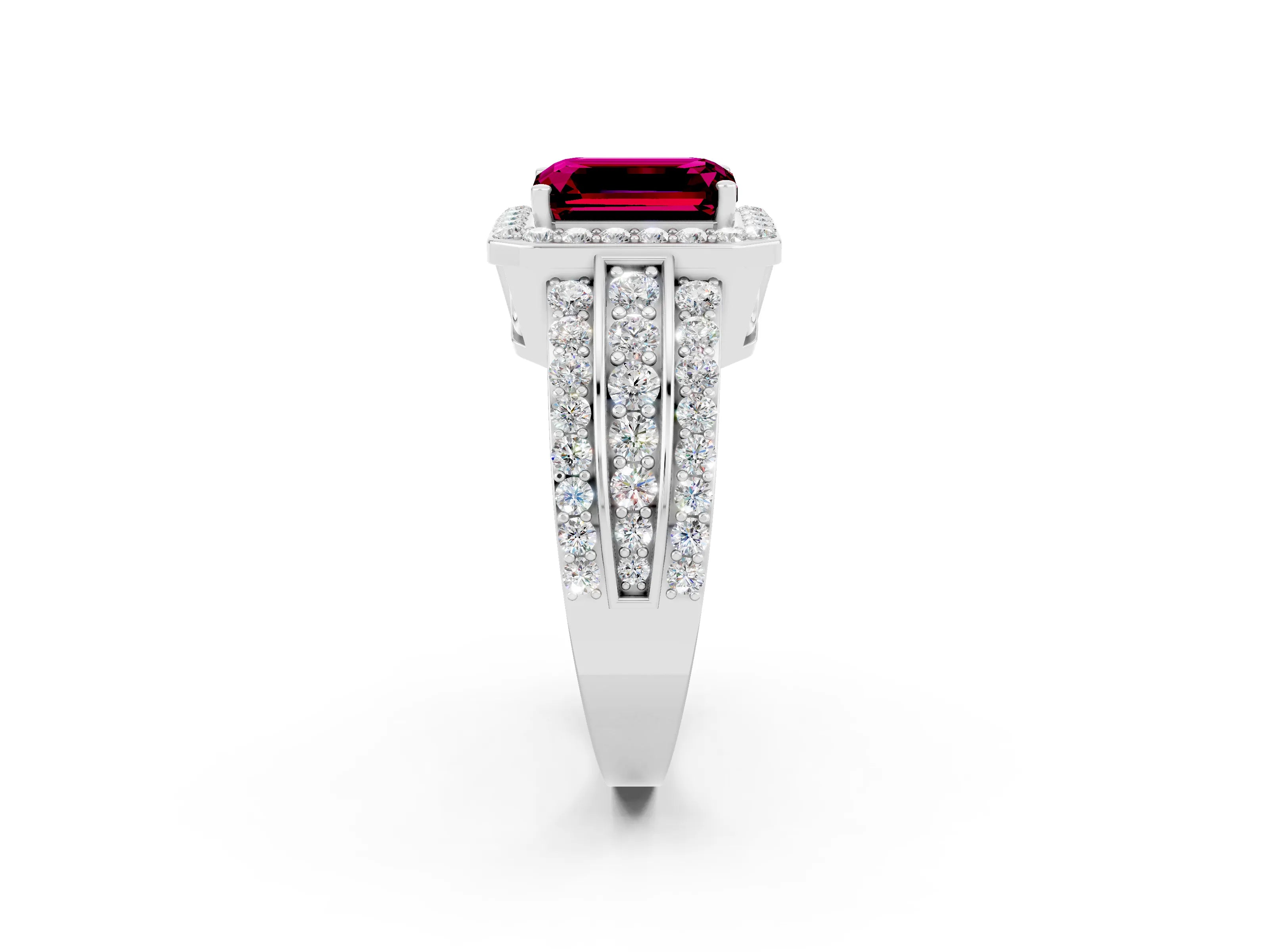 White gold Emerald Cut Halo Garnet Ring with Round  Split Shank and Prong Setting_14